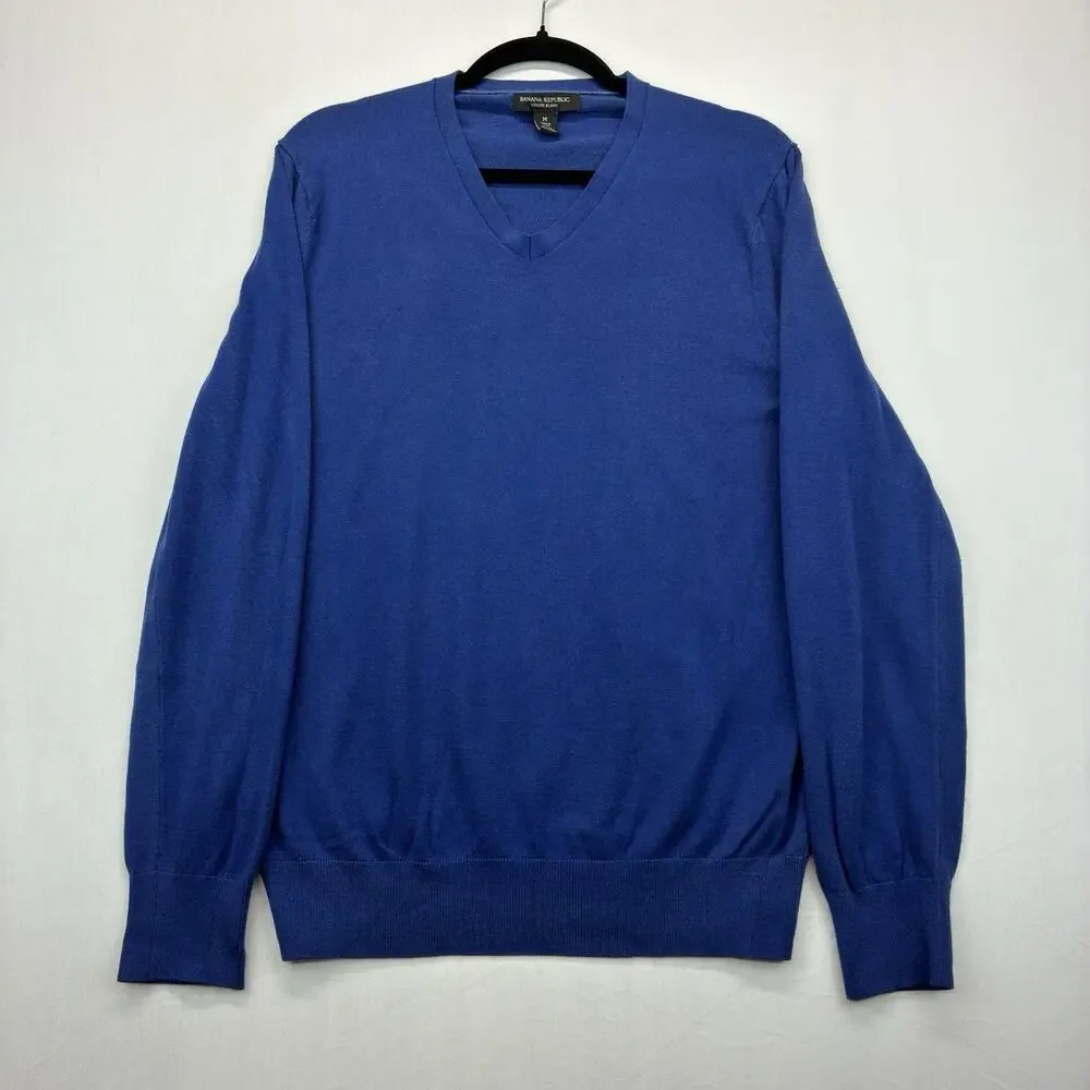 Banana Republic Men’s Medium V Neck Sweater Blue Silk Cashmere Luxury Blend